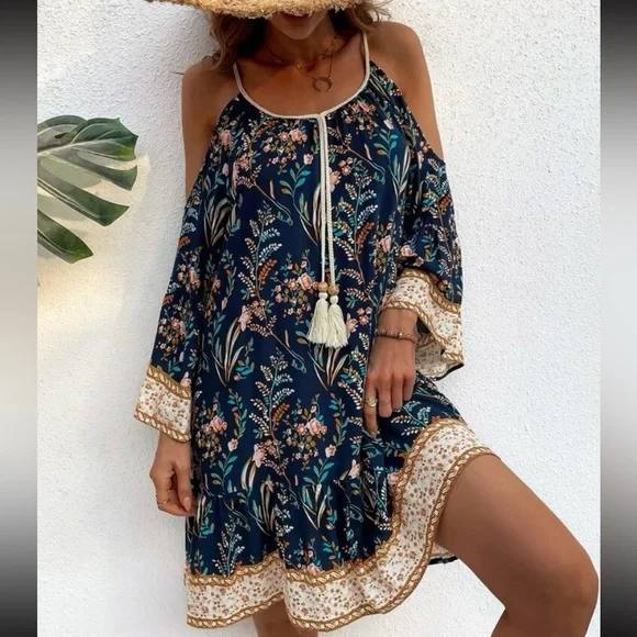 Boho Floral Print Cold Shoulder Flare Sleeve Tassel Tie Dress - Picture 1 of 16
